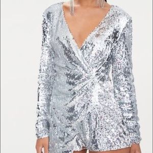 Silver sequin long sleeve play suit